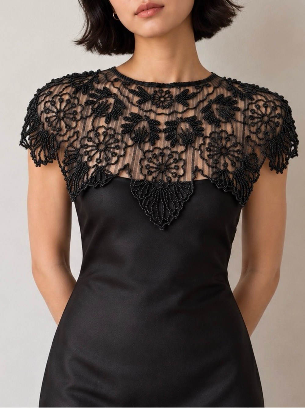 Vintage Black Beaded Floral Mesh Statement Collar Whimsygoth